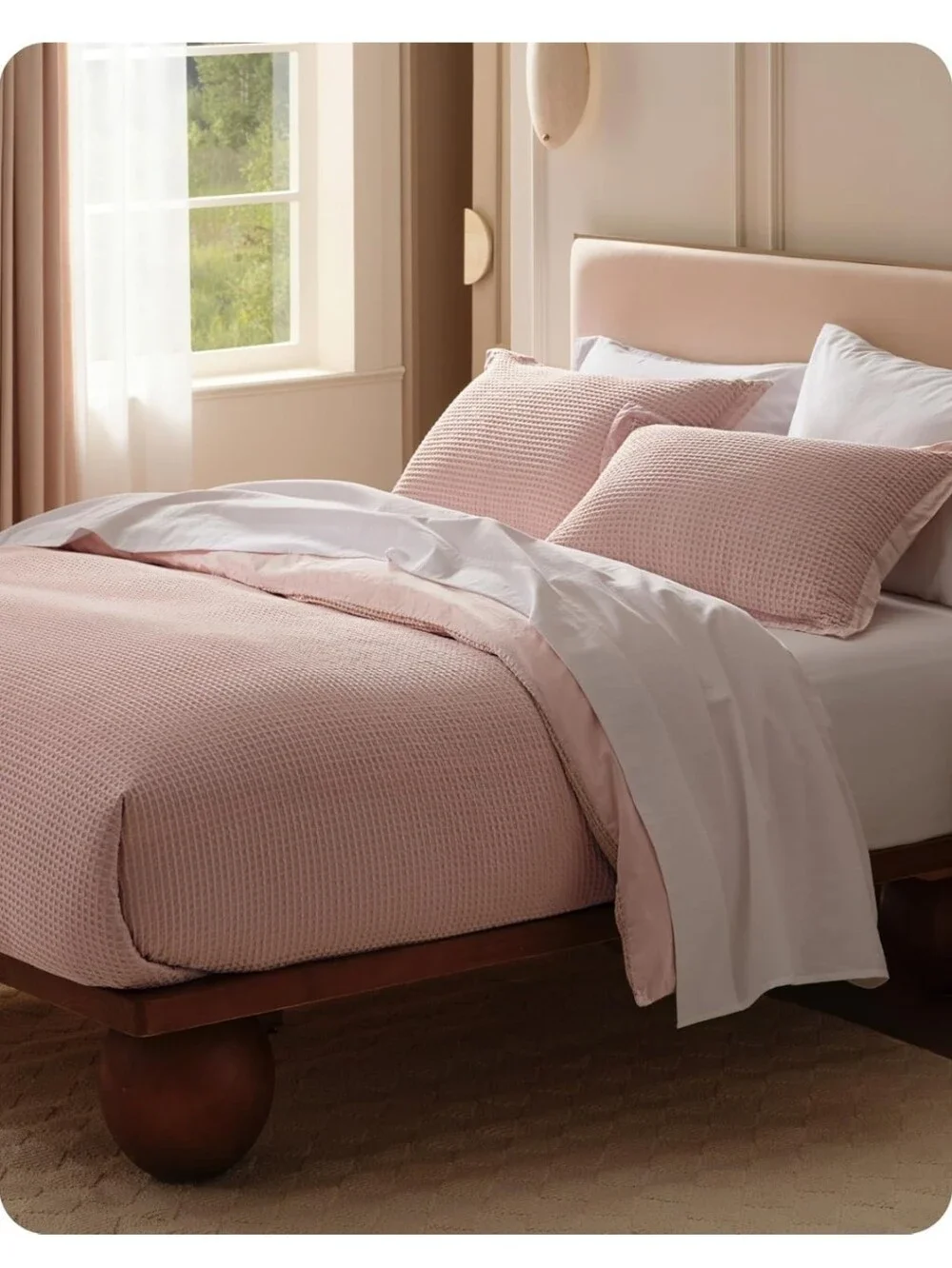 Bedsure Cotton Duvet Cover Queen - 100% Cotton Waffle Weave Pink 3 Piece 90X90